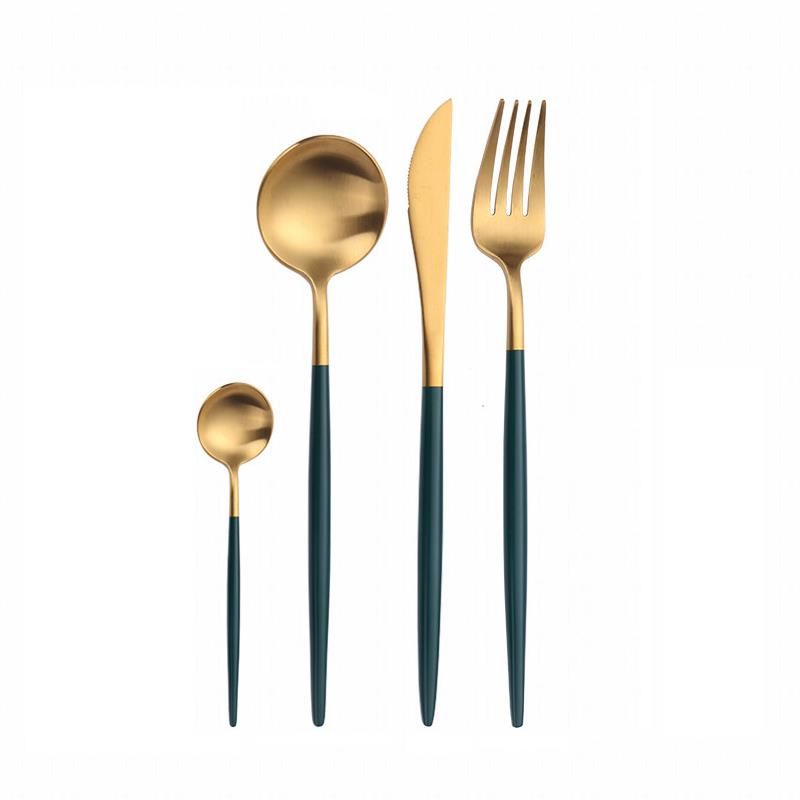 4 Pieces Gold Matte Cutlery Set Dinnerware Set Stainless Steel Green Flatware Set Tableware Knife Spoon Teaspoon Kitchen Set