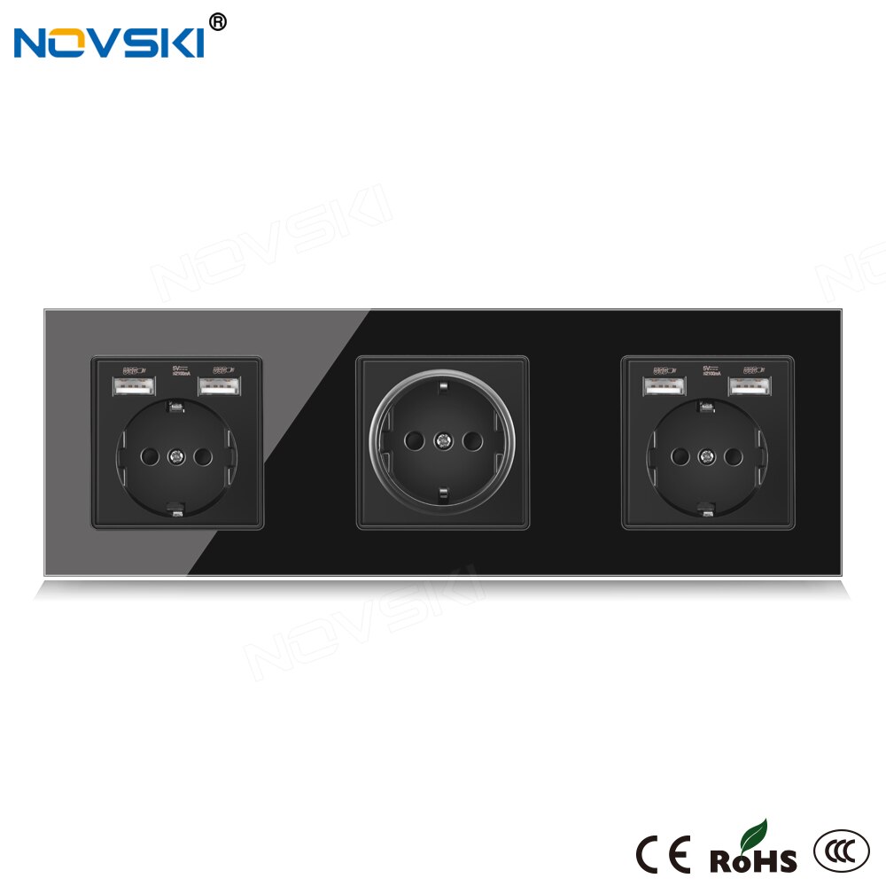 NOVSKI 16A EU Standard Wall Socket Triple Frame Crystal Glass Black Panel 86*258 mm, Hidden LED for USB Charger