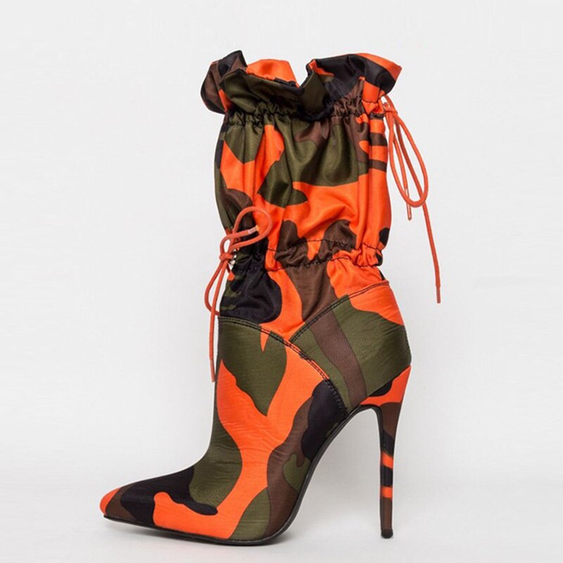 Wetkiss camouflage boots dam mid kalv boot vinterskor kvinnliga stilettklackar skor dam spetsiga tå elastiska partyskor: 8.5