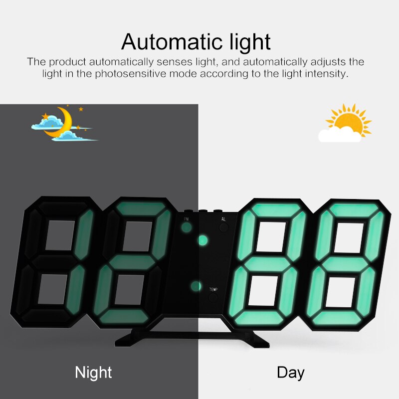 Large 3D Digital Led Alarm Clock Snooze Function Photosensitive Electronic Table Clock With Thermometer Calendar Desk Clocks