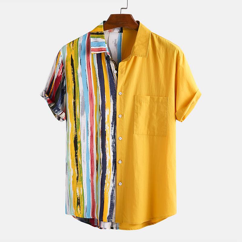 Incerun herre stribede patchwork skjorter afslappet kortærmet skjorte med reverstryk sommer løs hawaiiansk camisa s -3 xl 7: L
