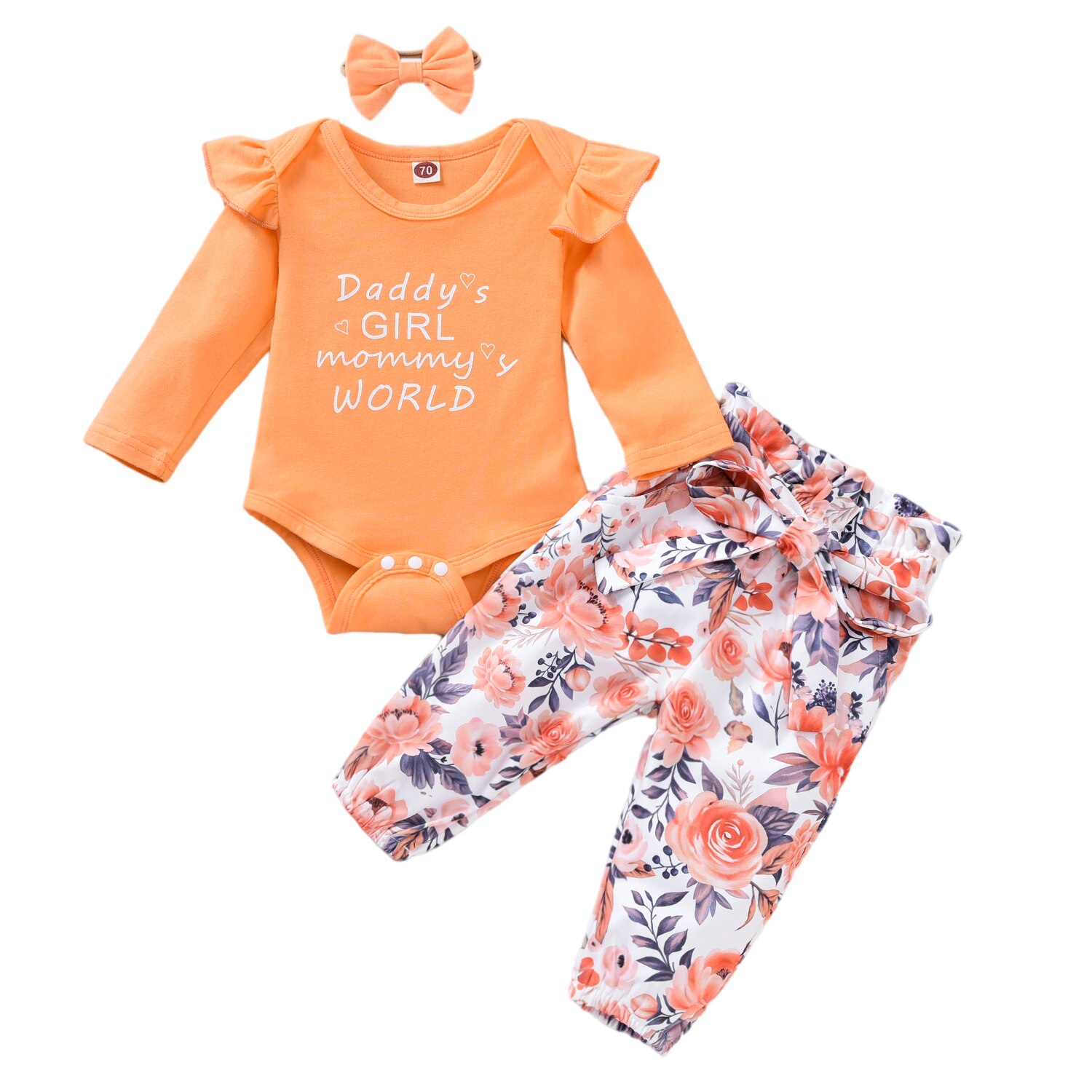 3 -teiliges herbst-Baby-mädchen-einstellen: strampler mit buchstabenmuster, oberteil, geblümter Schlauch, stirnband, lässiges baumwoll-Outfit: Orange / 12m