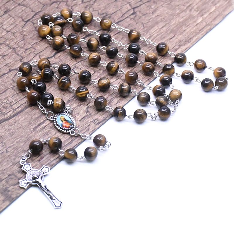 Rozenkrans Gebed Kraal Tiger Eye Steen Ketting Cross Christian Lucky Amulet Sieraden N1HA