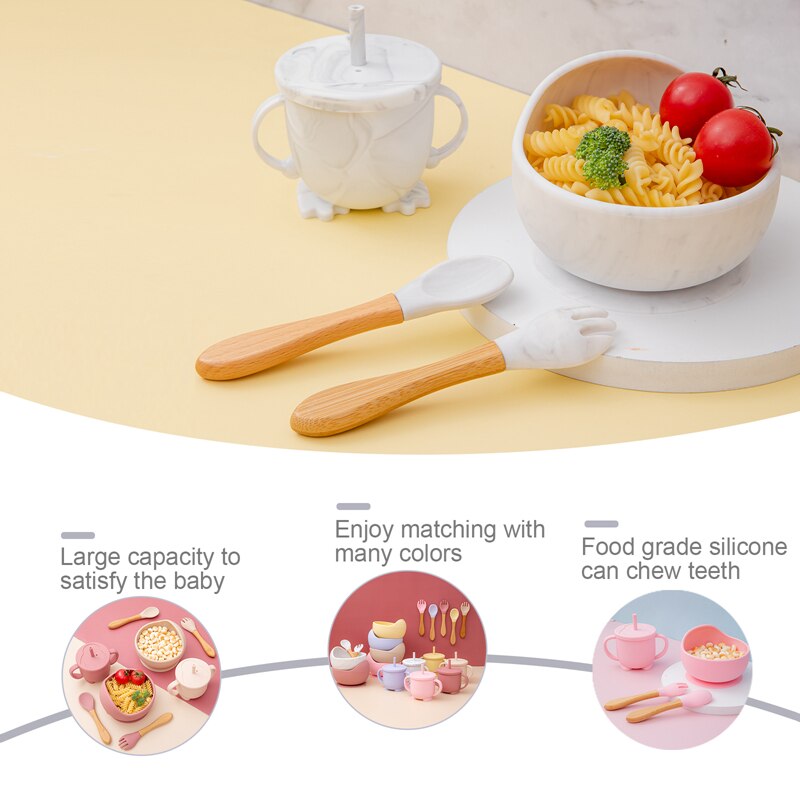 Baby Silicone Bowl Fork Spoon Straw Cup Set Silicone Bowl &amp; Spoon Learning Dishes Tableware Suction Bowl BPA Free Baby Product