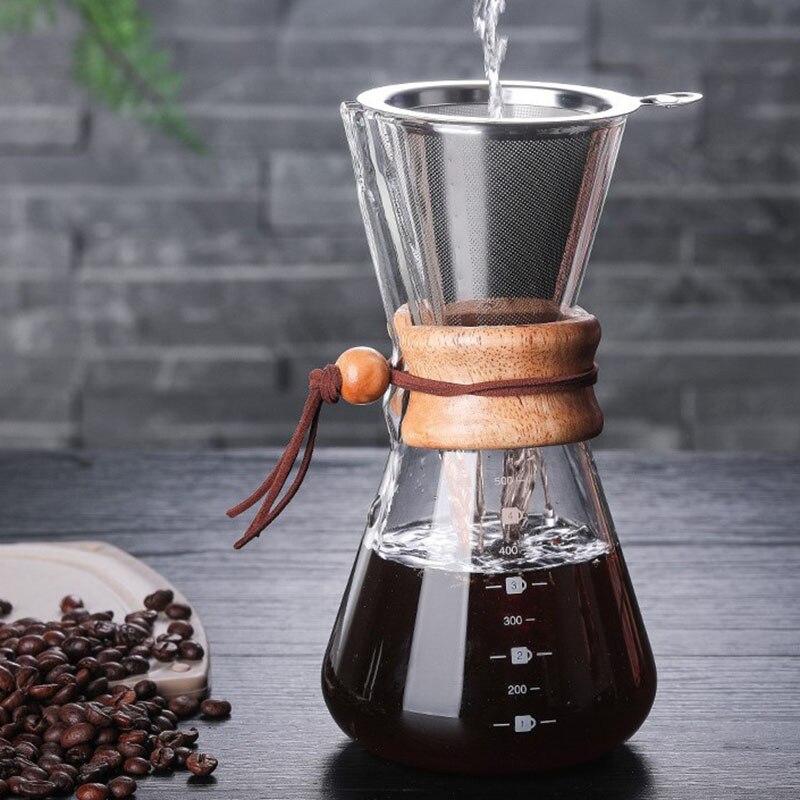 Cafetera de vidrio con filtro V60, cafetera percoladora de vidrio con mango de madera de borosilicato de 400ml 600ml 800ml