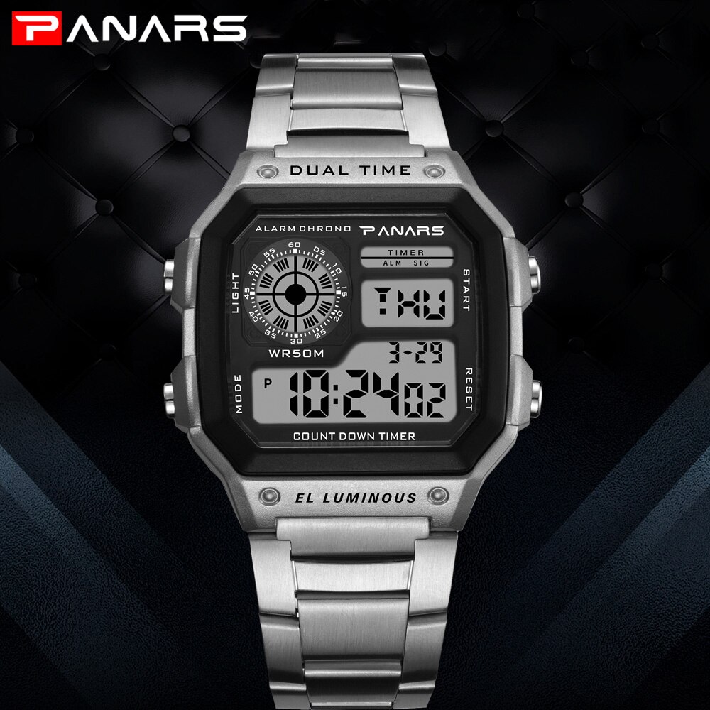 Panars Horloge Mannen Sport Digitale Horloges Chronograaf 5bar Waterdicht Horloge Roestvrij Business Horloges Led Display Mannelijke Klok