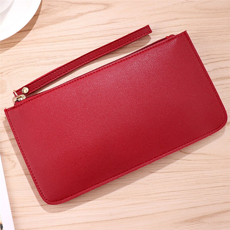 Kvinder tegnebog kvindelig lynlås damer ultra tynd mobiltelefon taske ensfarvet pu læder tegnebøger: Rød