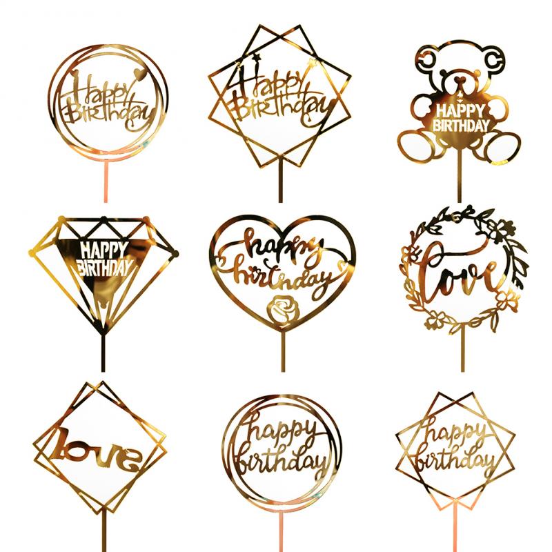 Happy Birthday Cake Topper Acrylic Letter Gold Cake Decor Dessert Top Flag Decoration for Birthday Party Wedding Supply