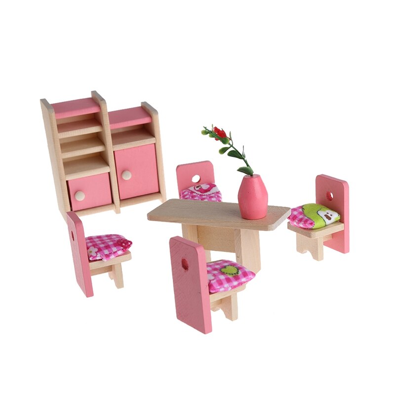 Kid Wooden Furniture Dolls House Miniature 5 Room Set Bedroom/Kitchen/Bathroom/Dinning/Living Room HBB