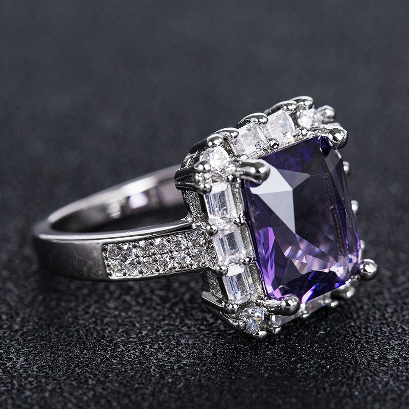 JoiasHome, anillos clásicos de plata 925 para mujer con forma rectangular, gemas amatista de Rubí, para de boda, tamaño 6-10: 9 / JS CSR579purple