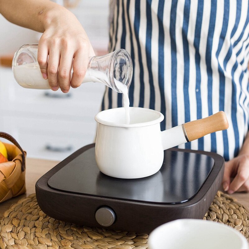 Enamel Milk Pan, Mini Butter Warmer 10cm Enamelware Saucepan Pan Cookware with Wooden Handle, Perfect Size for Heating Smaller L