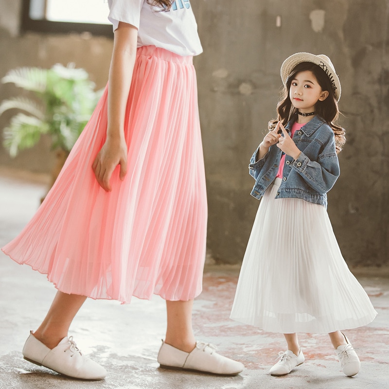 Sommer børn nederdel børn chiffon plisseret lang nederdel glatte nederdele baby teenagere piger maxi strand boheme nederdele