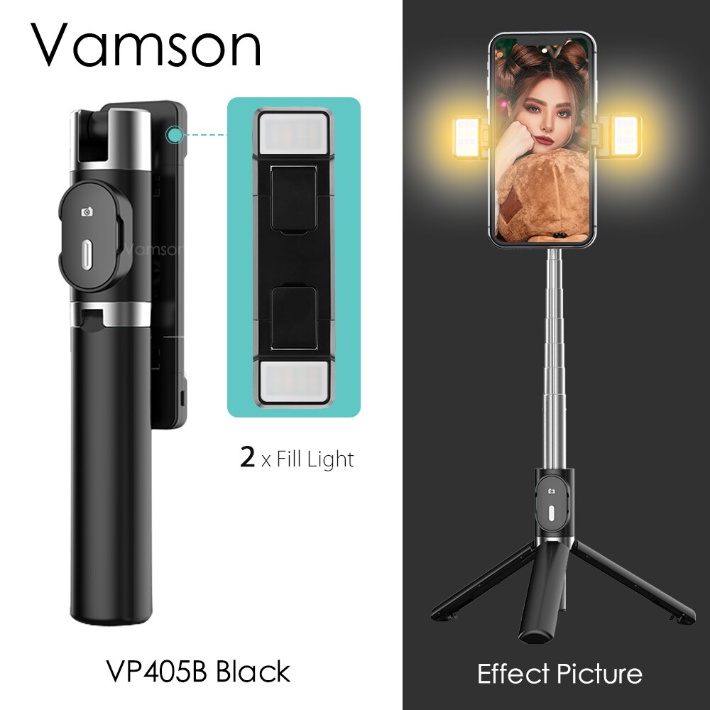 Vamson para iphone ios android tripé selfie vara com controle remoto sem fio bluetooth e 3 cores 9 modos duplo luz de preenchimento vp405: VP405B Black