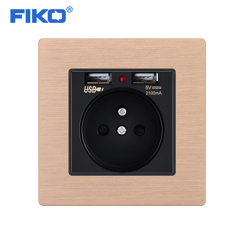 FIKO Ouro liga de Alumínio painel de FR/padrão DA UE com USB ,16A 86*86 milímetros tomada de parede tomada de parede casa de segurança: Champagne gold-Black