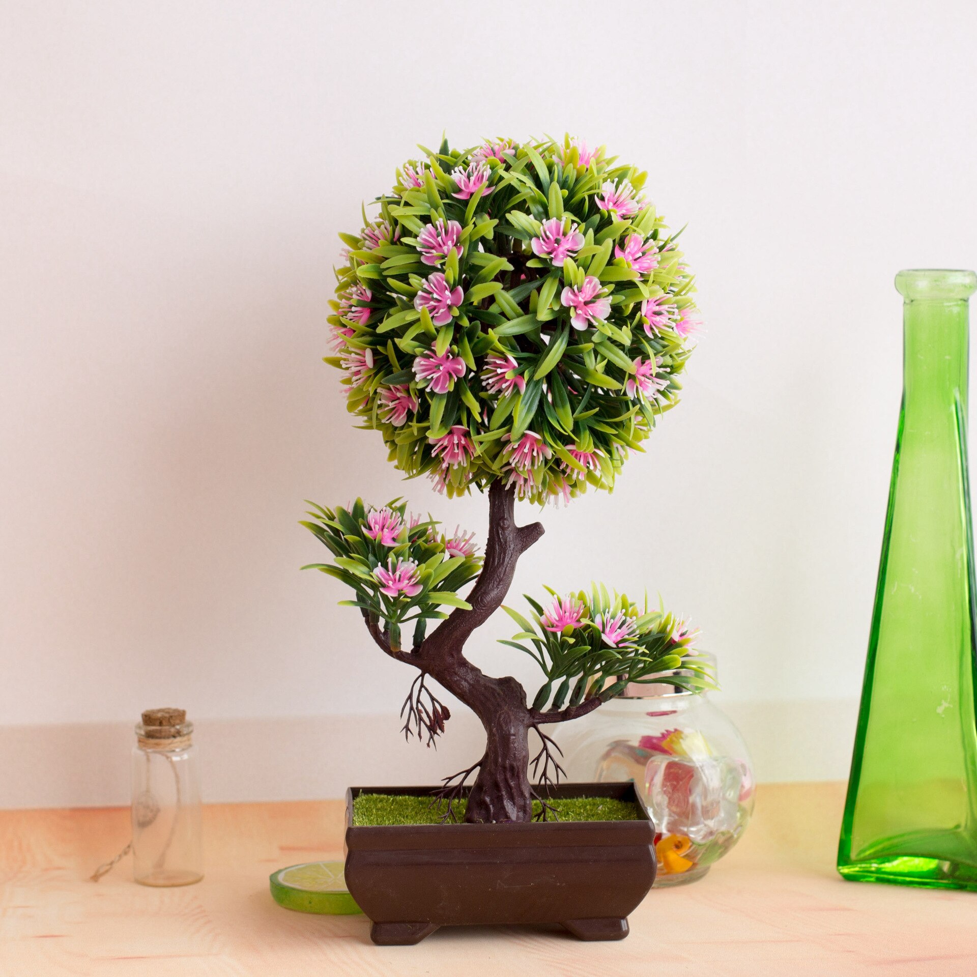 Árbol de flores de ciruelo en forma de S, bonsái Artificial, simulación de plástico, maceta pequeña, plantas, flores, mesa de hogar, decoración de jardín, 1 ud.