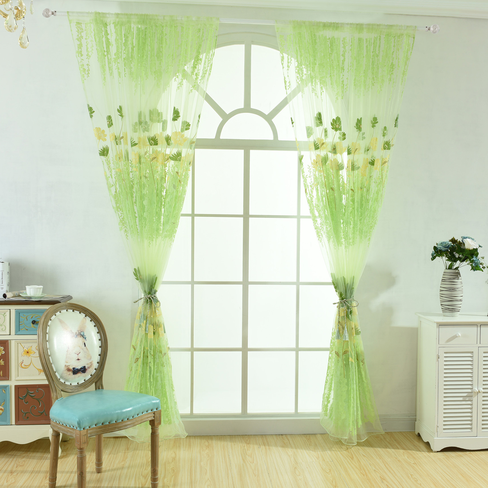 1Pc/2Pcs Soft Curtain 1*2m / 1*2.7m Lightweight Voile Curtain Reusable Polyester Peony Flower Printed Curtain Room Decoration