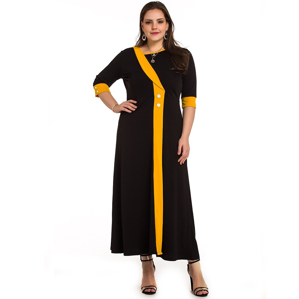 Plus size dame kontorkjole kvinder sommer kontrast multicolor festkjoler sort maxi lang kjole