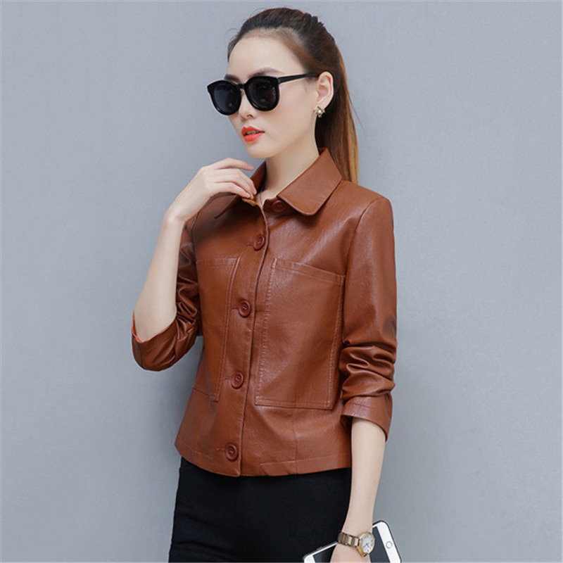 Skinnjacka dam caramel 3xl 4xl kort slim pu coat vår höst koreanska chic moto kläder  ld855