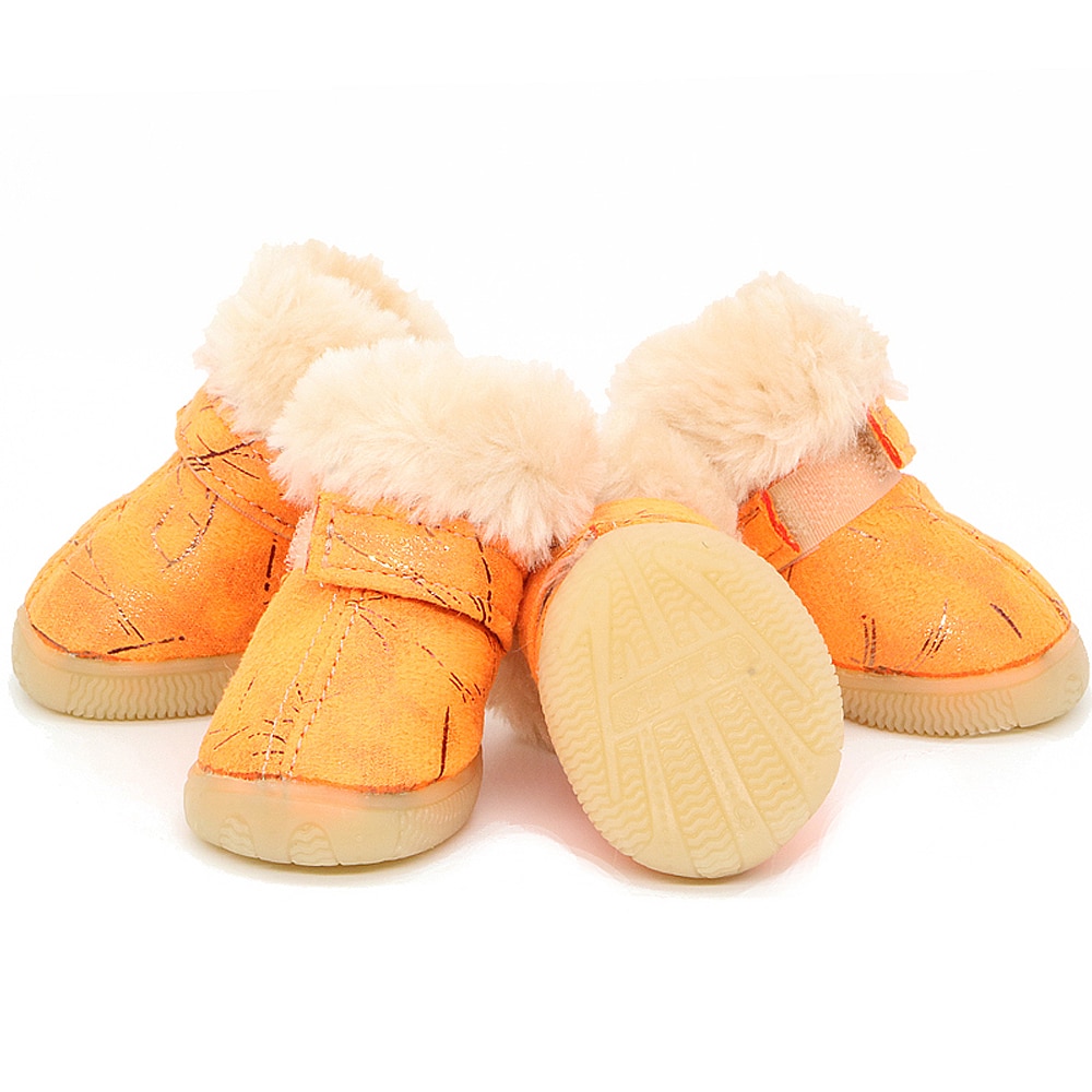 Hiver chien chaussures fourrure chien botte anti-dérapant animaux chat neige bottes 4 pièces/ensemble petits chiens chats chaussures Yorkshire Chihuahua: Orange / 4