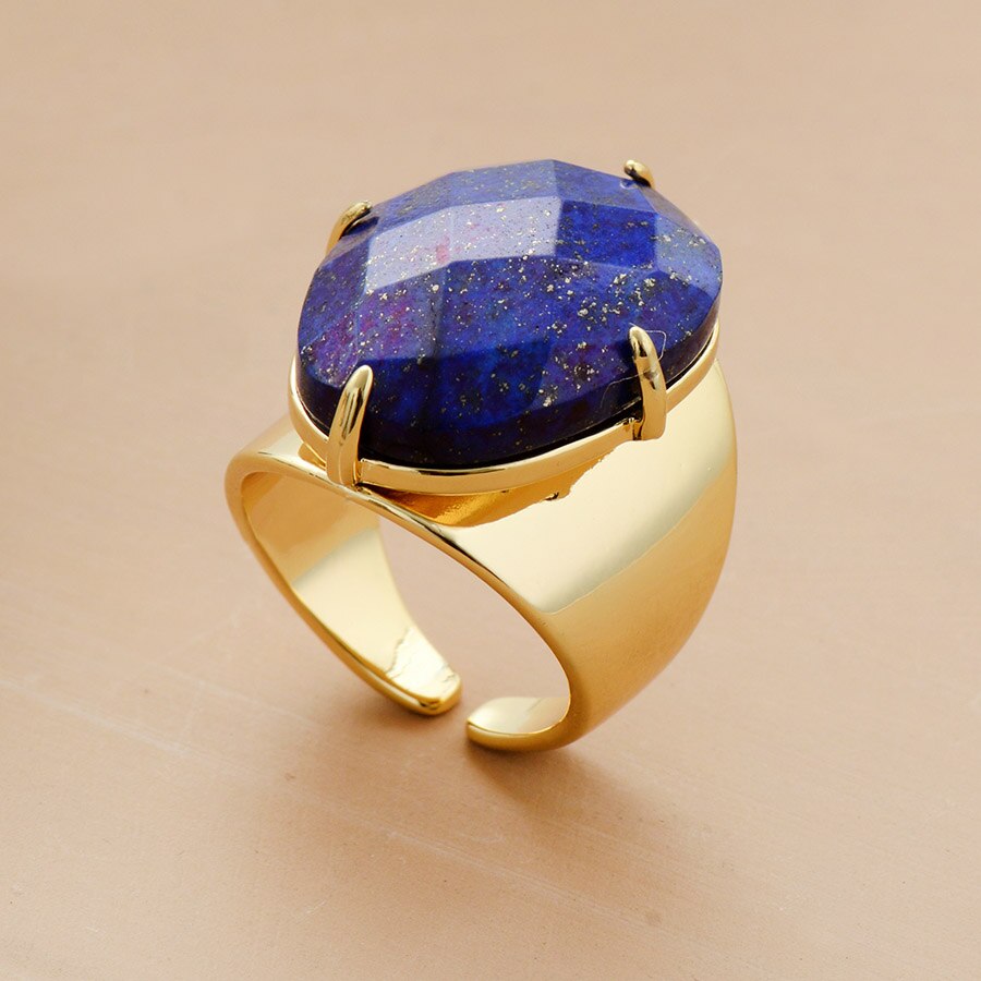Big Stone Rings Sieraden Mode Gouden Kleur Lapis Lazuli Luxe Party Ring Maat 7