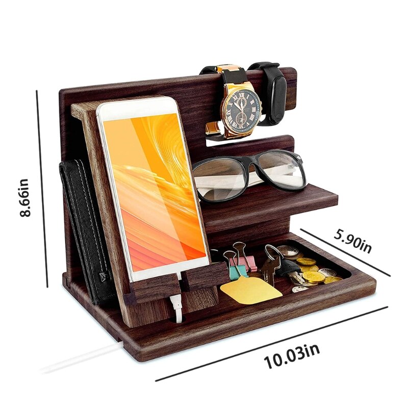 Wooden Phone Holder Docking Station Wallet Stand Watches Purse Glasses Key Desk Display Organizer Bedside Nightstand