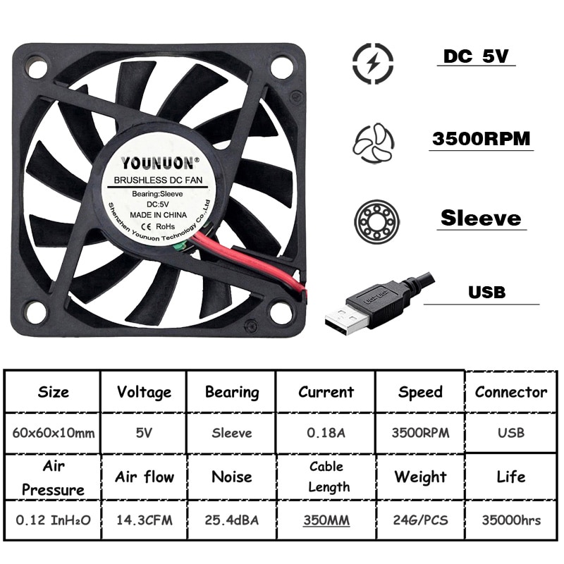 2 Stuks 5V 12V 24V 60Mm 6010 Dc Fan 60X60X10Mm 6cm Cooling Koeler Fan Computer Pc Cpu Case Cooling Kogellager Fan: 6010 5V Oil USB