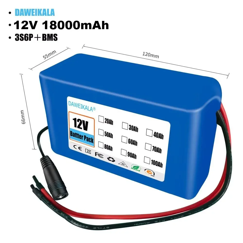12V 3S1P 3S3P 3S8P 3S12P 30000mAh Battery Pack 18650 Lithium-ion Rechargeable Battery DC for 12V Tools Camping Equipment+BMS: Silver