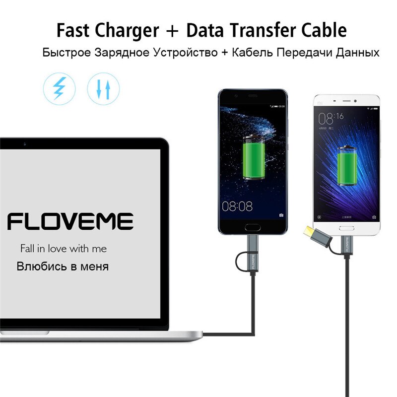 FLOVEME 2 in 1 Type C Micro USB Cable For Samsung Xiaomi Redmi Note 7 K20 Oneplus 7 Pro Retractable QC 3.0 Fast Charging Cable