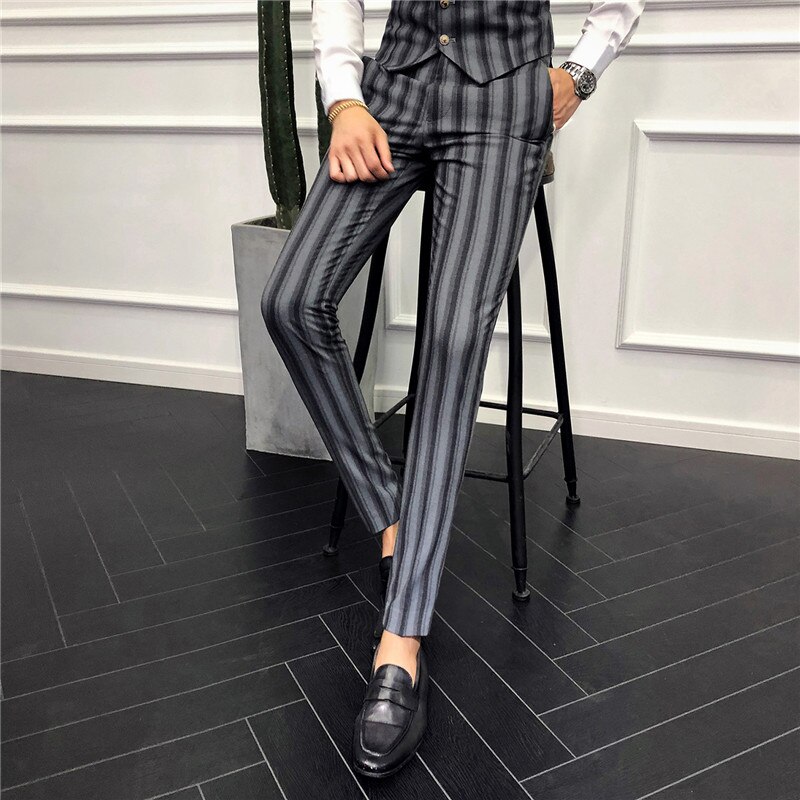 Heren gestreepte broek, zwart, grijs, slim fit jeugd heren pantalon maat 28-36 zakelijke vrijetijdsbroek heren