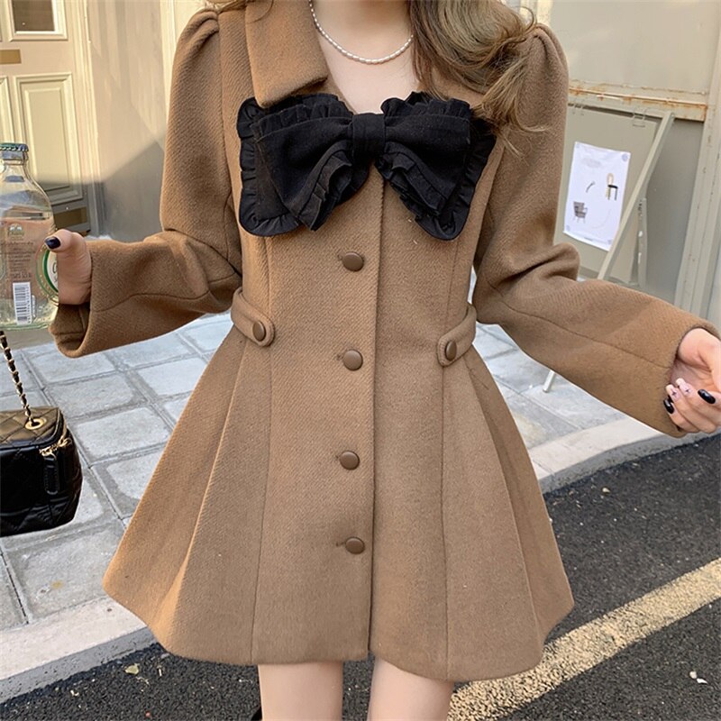 Manteau japonais doux pour fille, manches longues, avec nœud Kawaii, robe d'extérieur Vintage plissée à simple boutonnage, en laine épaisse