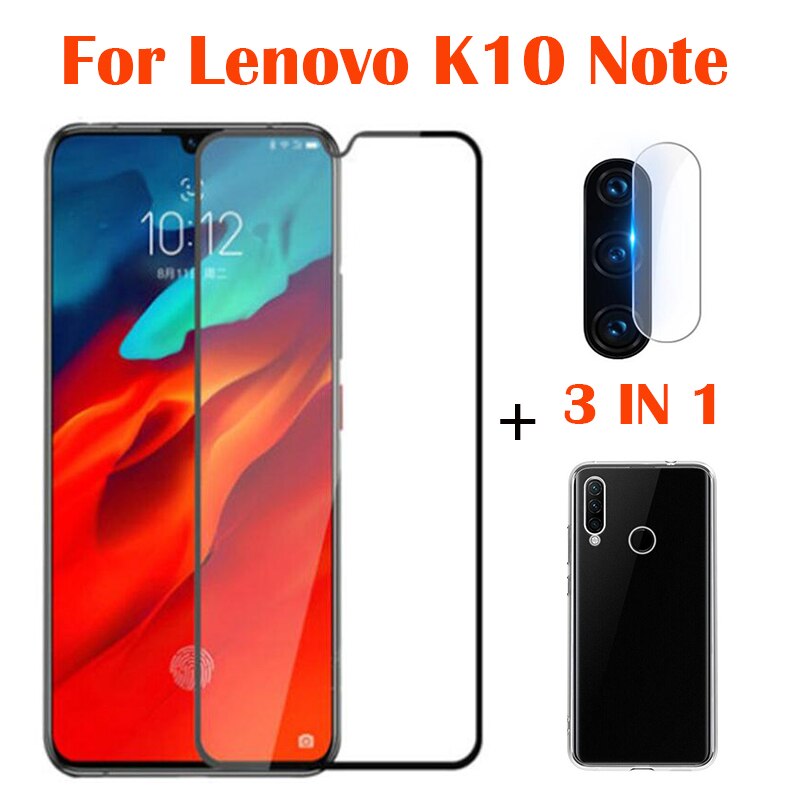 3-w-1 etui + kamera szkło hartowane dla Lenovo K10 uwaga ScreenProtector szkło dla Lenovo K10 uwaga 3D szkło: 3 in 1 jasny Case