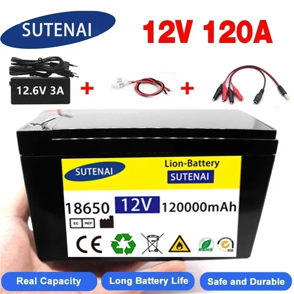 12V 120Ah 120000 Batterie au lithium mAh 18650, pulvérisateur 30A, BMS intégré à courant élevé pour véhicule électrique + chargeur 12.6V