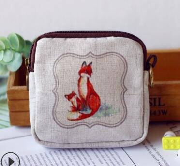 M022 Cartoon Lovely Fox Cat Printed Canvas Zipper Bag Geometric Square Multi-function Zero Wallet Women Student: 2