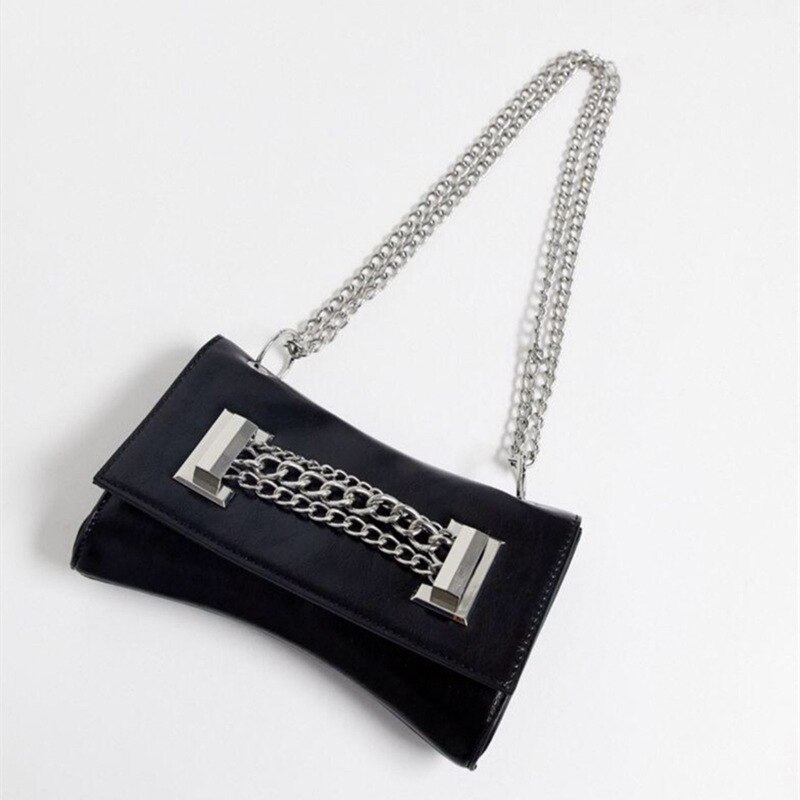 Gothic Punk Girls Black PU Leather Shoulder Bag Women Sliver Chains Subaxillary Bags 90s Vintage Harajuku Messenger Bag