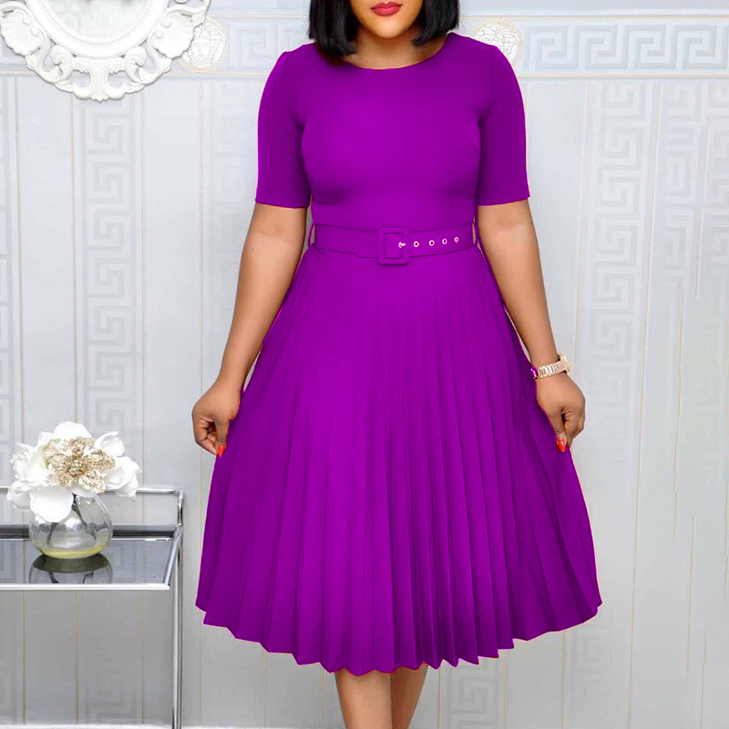 Summer Plus Size Pleated S-5Xl Dress Ladies O-Neck Short Sleeve Solid With Belt Mid-Calf Office Lady Dresses For Women: 5XL / PURPLE