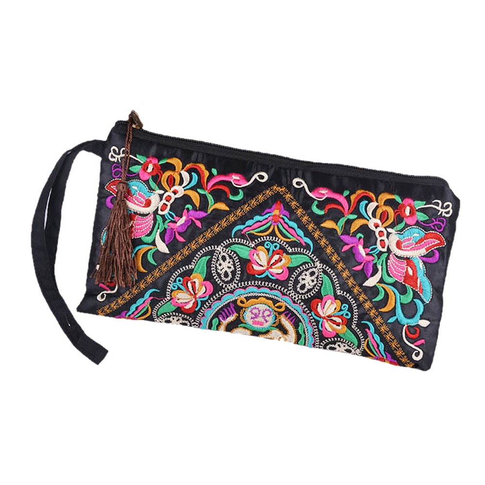 Vrouwen Portemonnee Borduur Purse Clutch Mobiele Telefoon Bag Coin-vlinder bloem