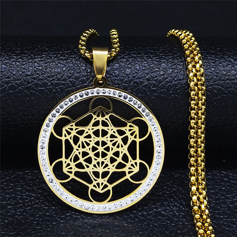 Blume des Lebens Edelstahl Kristall Anhänger Halskette Metatron Heilige Geometrie Symbol Halskette Schmuck Schmuckstück femme N4833S02: Hellgelb Gold Farbe
