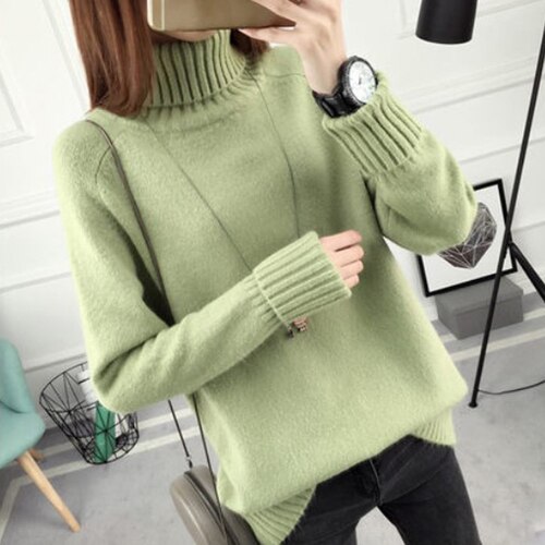 Autumn winter Women Knitted Sweaters Soft Pullovers Turtleneck Long Sleeve Solid Color Slim Elastic Short Sweater Women: Army Green