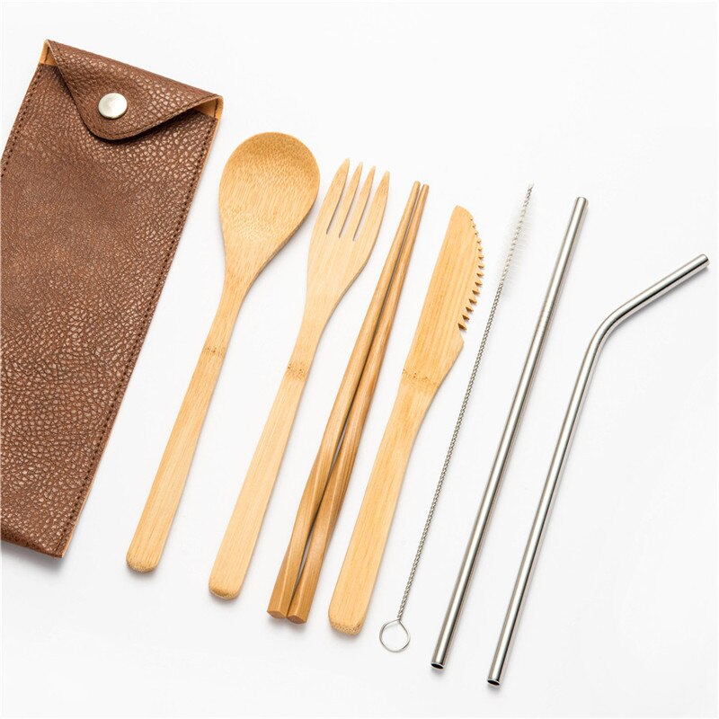 Resebestick set utomhus bambu servis set bestick trä bestick redskap kök inkluderar kniv gaffel sked set för picknick: 8 st mstraw 07