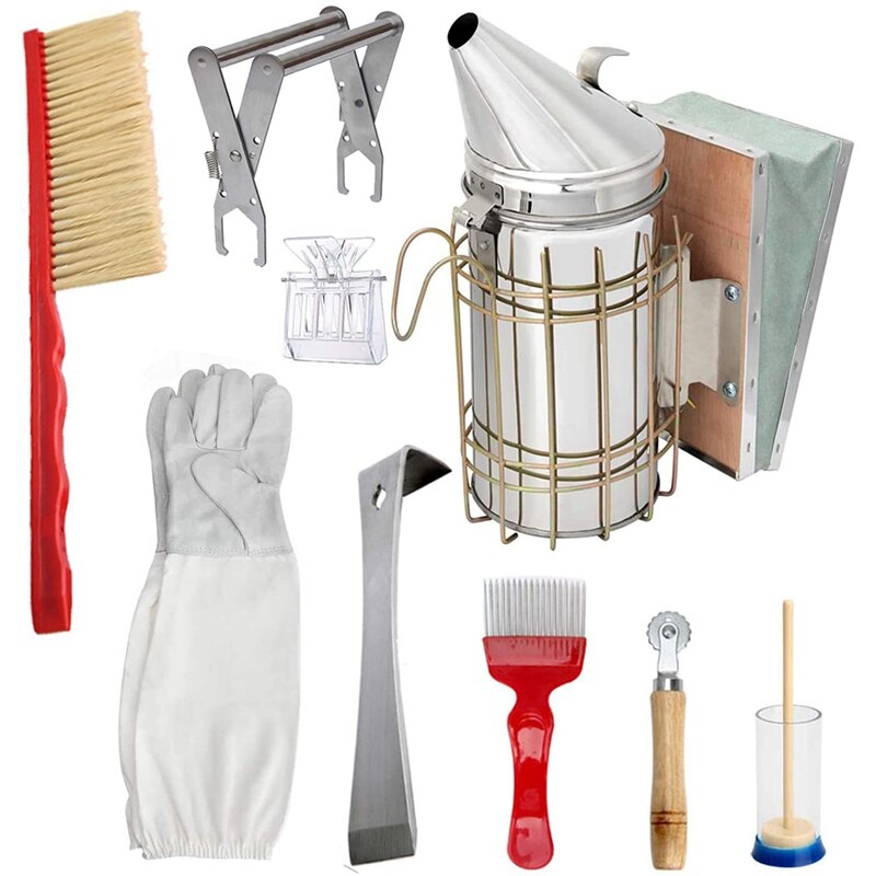 Kit de iniciación de herramientas de miel de apicultura, conjunto de 9 SUMINISTROS DE EQUIPO DE ahumador de colmena de abejas con guantes de apicultor al por menor: Default Title