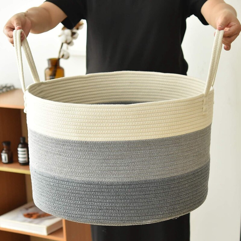 Bomuldsreb kurv 50 x 33cm vasketøjskurv til tæpper legetøj tæppe opbevaringskurv dekorative puder med langt håndtag