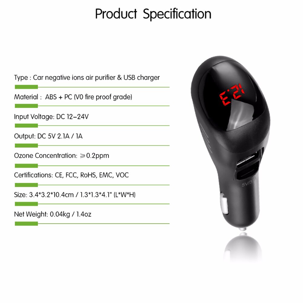 2-port USB Car Air Purifier Freshener Ionizer Smart Car Charger Removes Smoke Bad Smell and Odors Eliminator Car Air Purifier