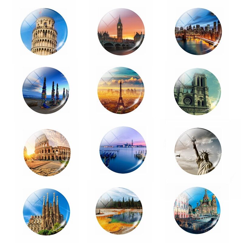 12pcsWorld Famous Attractions Fridge Magnet Souvenir USA of Liberty Spain Roman Arena British Big Ben France Eiffel Tower: 1 set(30MM)