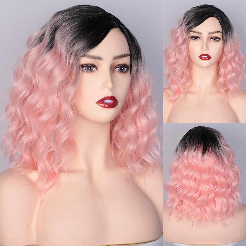 AISI QUEENS Water Wave Short Synthetic Wigs for Women Ombre Black and Purple Cosplay Bob Wig Blue Red Grey Pink Wig