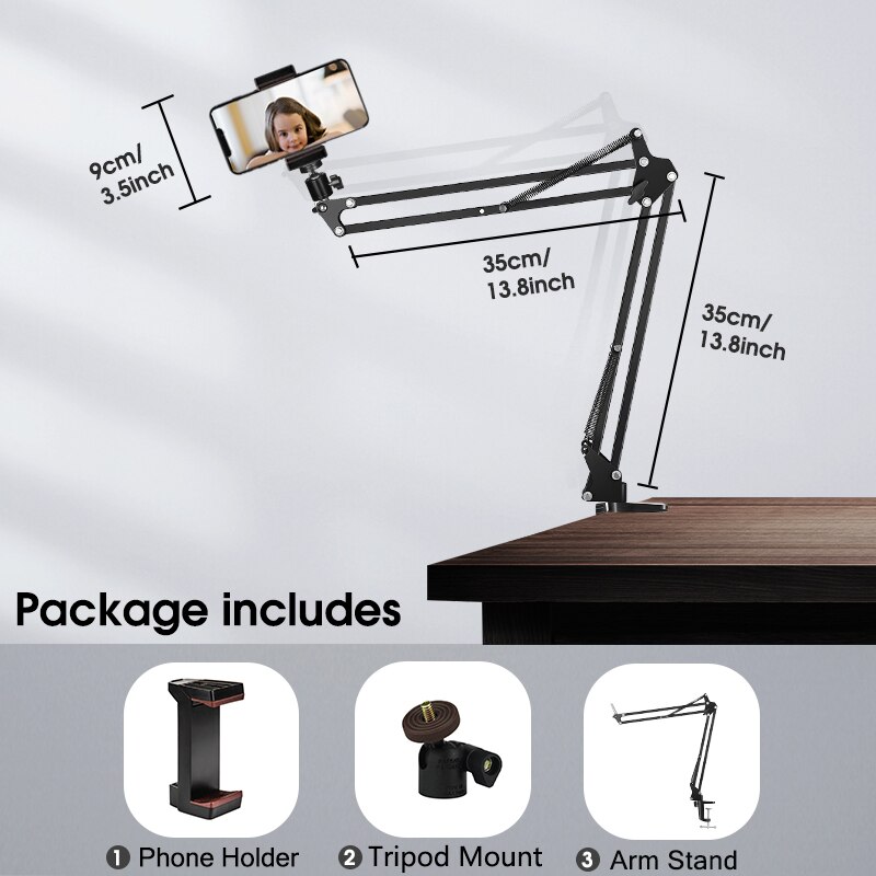Mic Boom Desk Arm Stand with Phone Holder, Boom Suspension Stand Adapter Clip for Microphone Smartphone Tablet Ring Light: Phoneholder