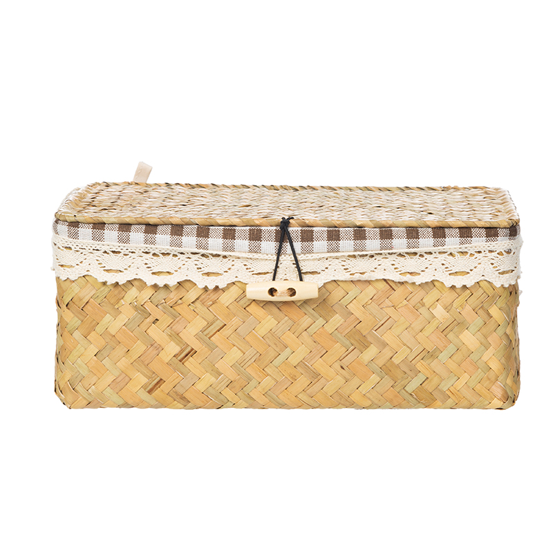 Woven Seagrass Storage Basket with Lid Rattan Wicker Box Rectangular Basket for Desktop Sundaries Sorting Jewelry Organizer: nautral seagrass / XL-36x24x18CM