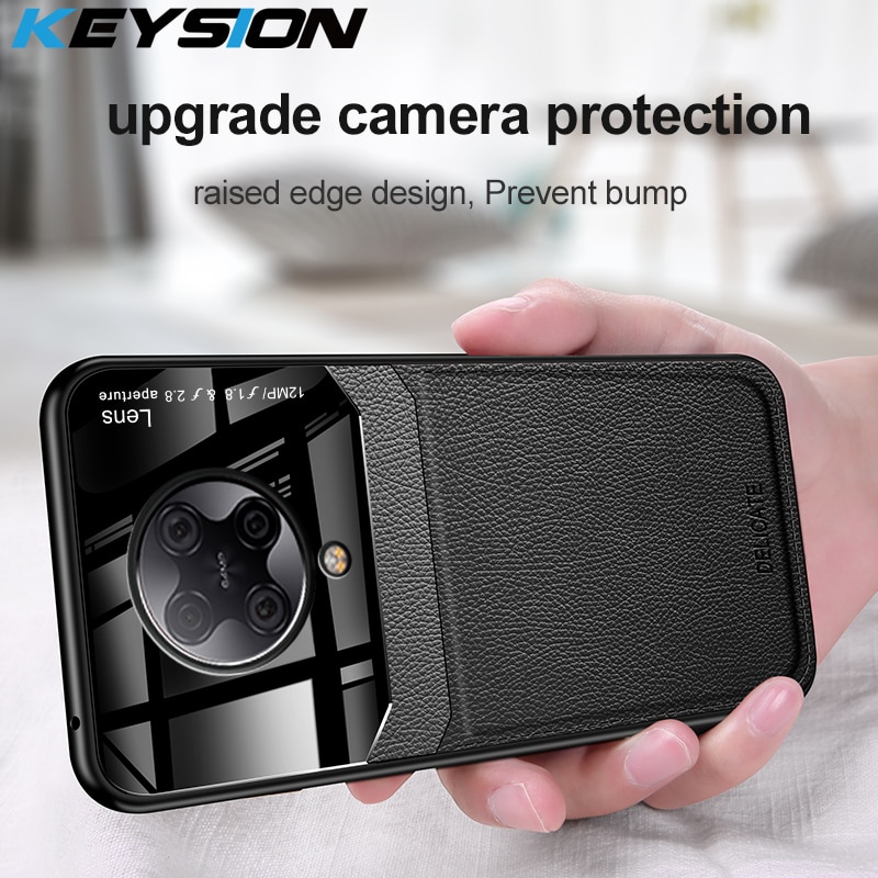 Keysion Shockproof Case Voor Xiaomi Poco F2 Pro X2 Lederen Spiegel Gehard Glas Telefoon Back Cover Voor Poco X3 nfc