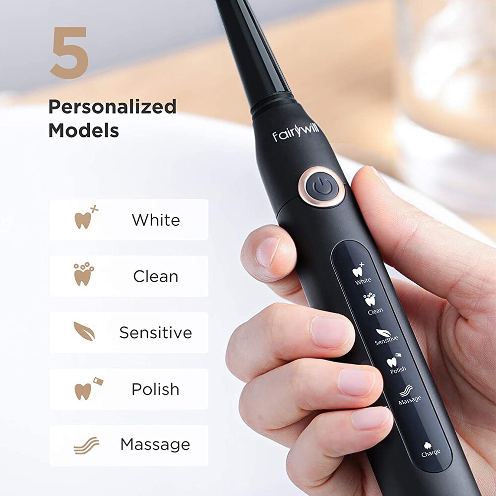 Fairywill Sonic Electric Toothbrush Timer Brush 5 Modes USB Charger Tooth Brushes Replacement 8 Heads Set Waterproof for Adult