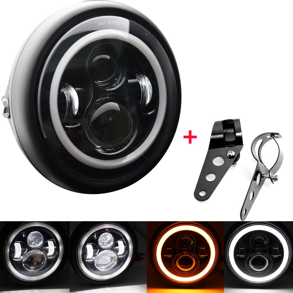 7.5 Inch Cafe Racer Led Motorfiets Koplamp Angel Eyes Universele 7.5 "Ronde Koplamp Voor Cafe Racer Bobber Honda: with bracket set