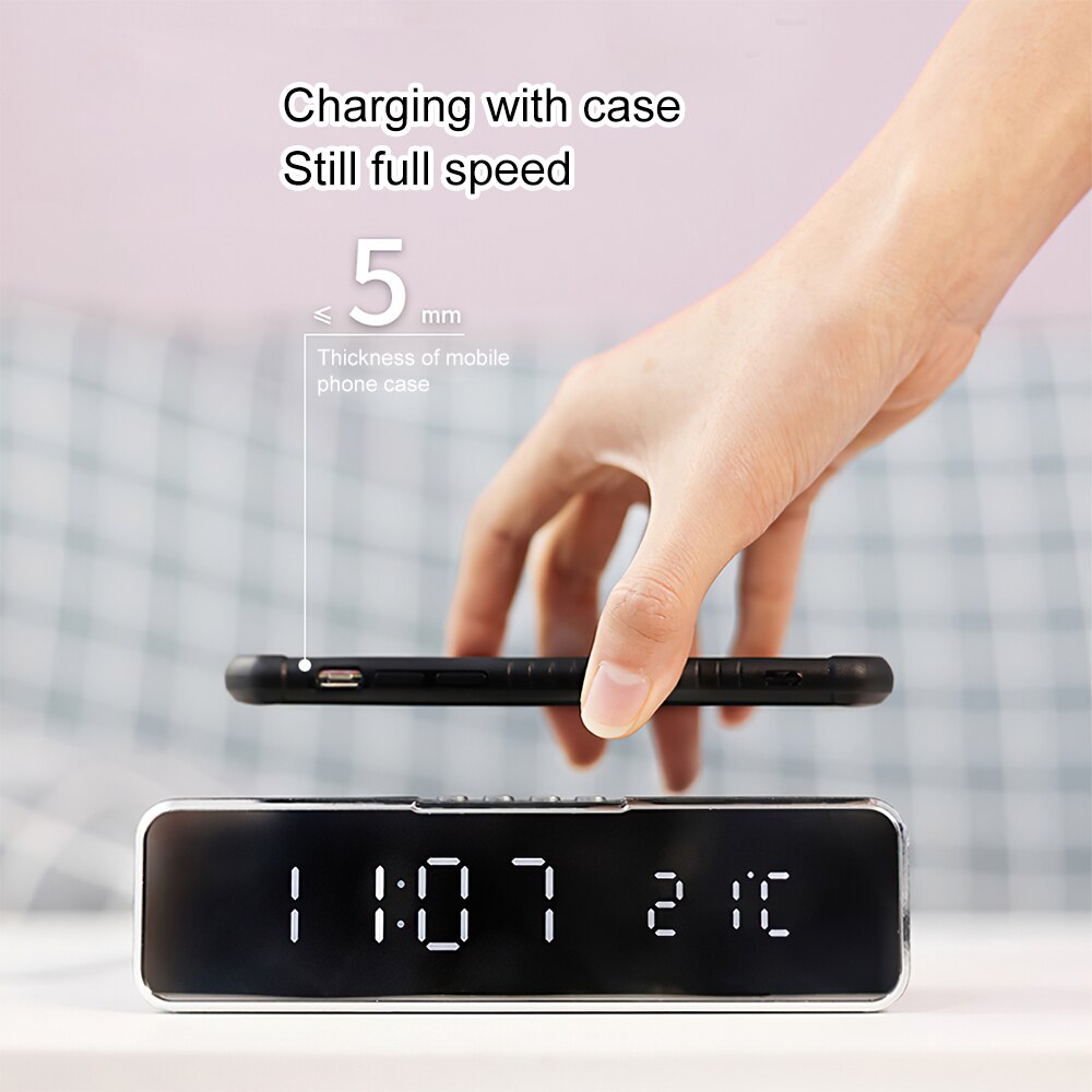 2in 1 LED Alarm Clock Mobile Phone Wireless Charger Digital Temperature Display Bedside Table Clock